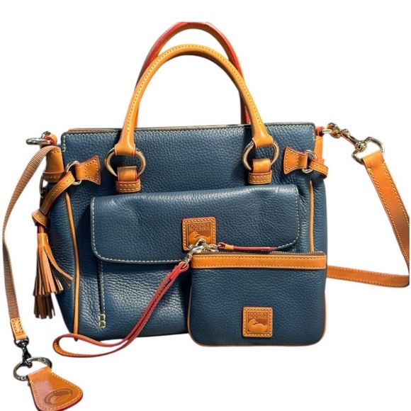 Dooney & Bourke Handbags - Dooney & Bourke Set: Teal Blue & Tan Leather Satchel with Zipper Pouch - EUC